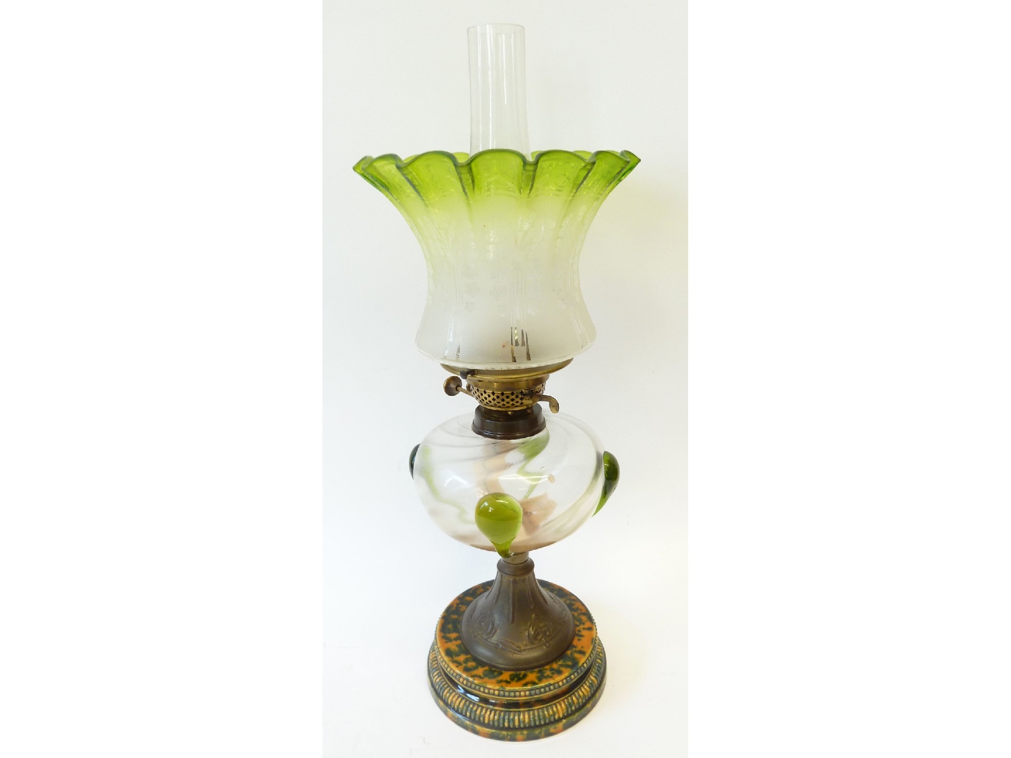 Appraisal: VICTORIAN POTTERY AND GLASS TABLE OIL LAMP with mottled green