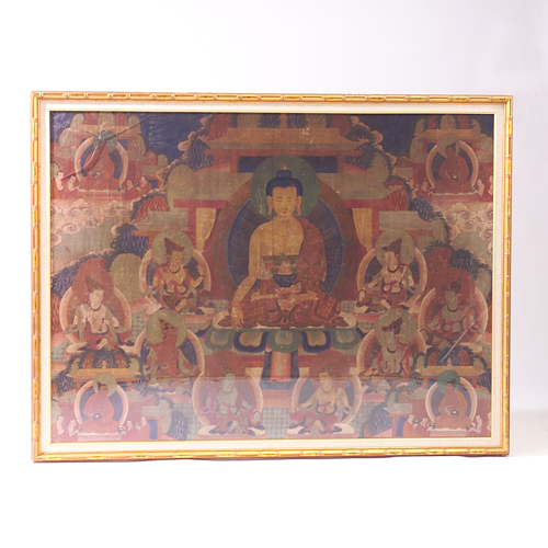 Appraisal: Large Tibetan thanka hand-painted with central boddisatva in gold bamboo