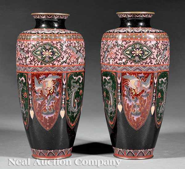 Appraisal: A Pair of Japanese Cloisonn Enamel Hexagonal Vases Meiji Period