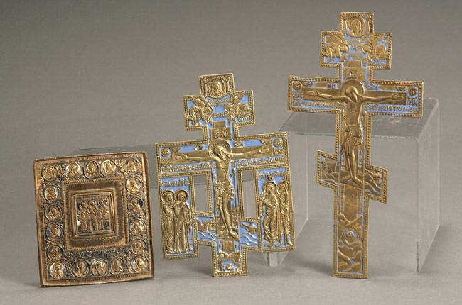 Appraisal: Two Russian Blue Enameled Brass Crucifixes and an Icon of