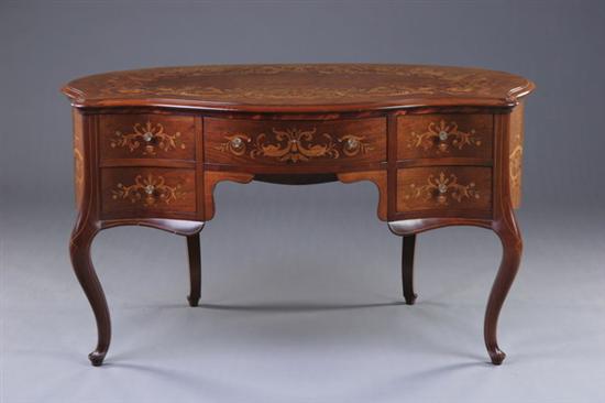 Appraisal: LOUIS XV STYLE KIDNEY-SHAPED WRITING DESK th century mother-of-pearl inlay