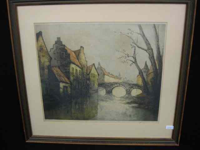 Appraisal: Drypoint Etching European Cityscape with Bridge pencil signed illegible image