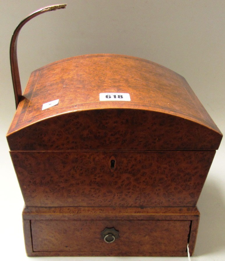 Appraisal: A th century burr walnut tulipwood banded dome top sewing