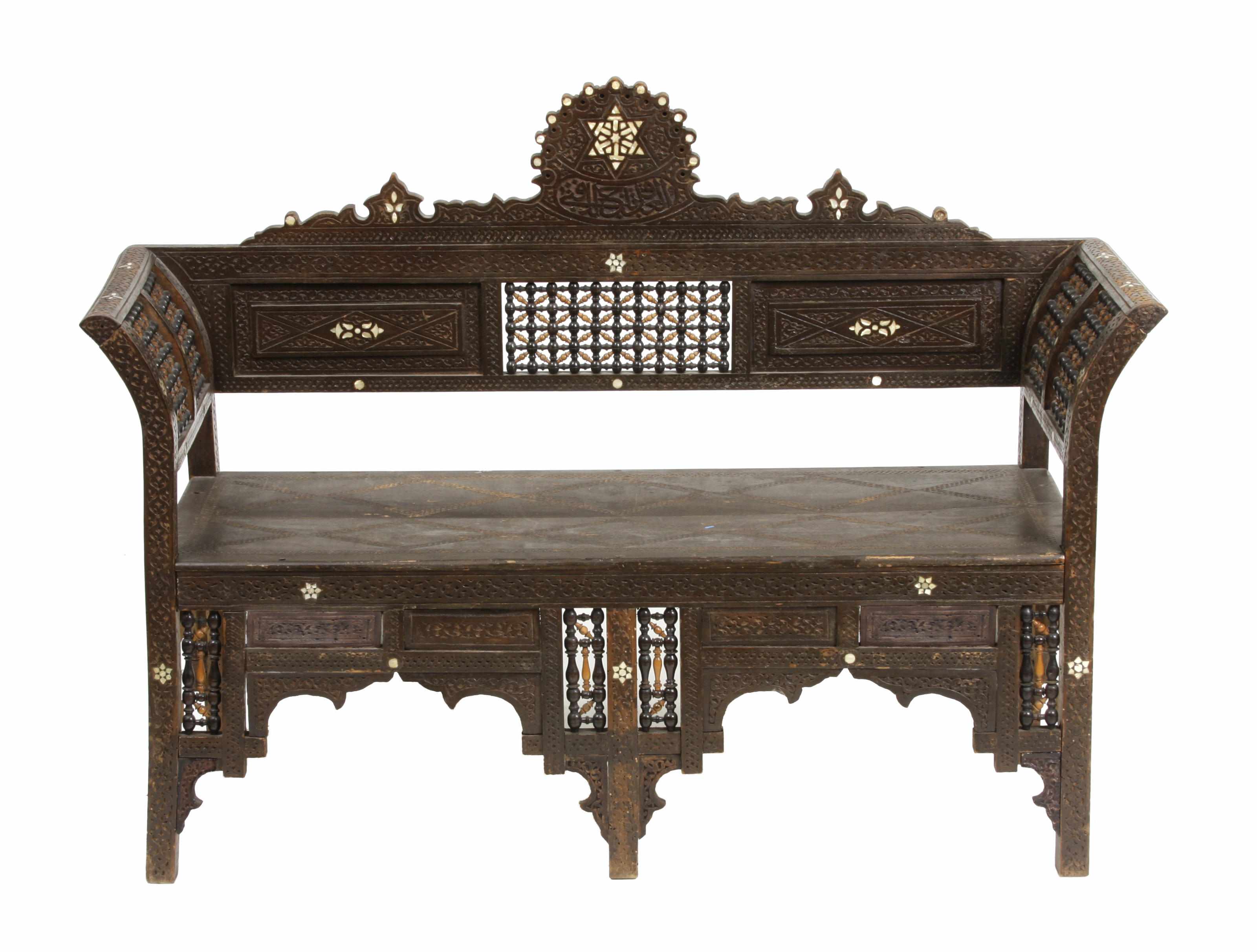 Appraisal: A Levantine shell inlaid carved hardwood settee height in width