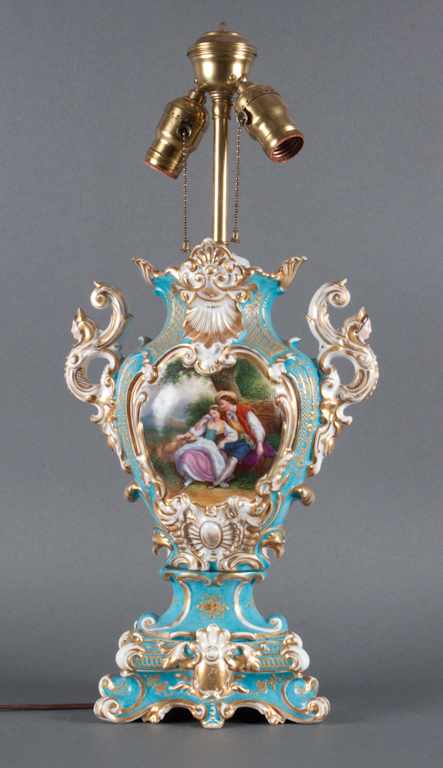 Appraisal: French painted parcel-gilt bleu celeste porcelain vase mounted as a