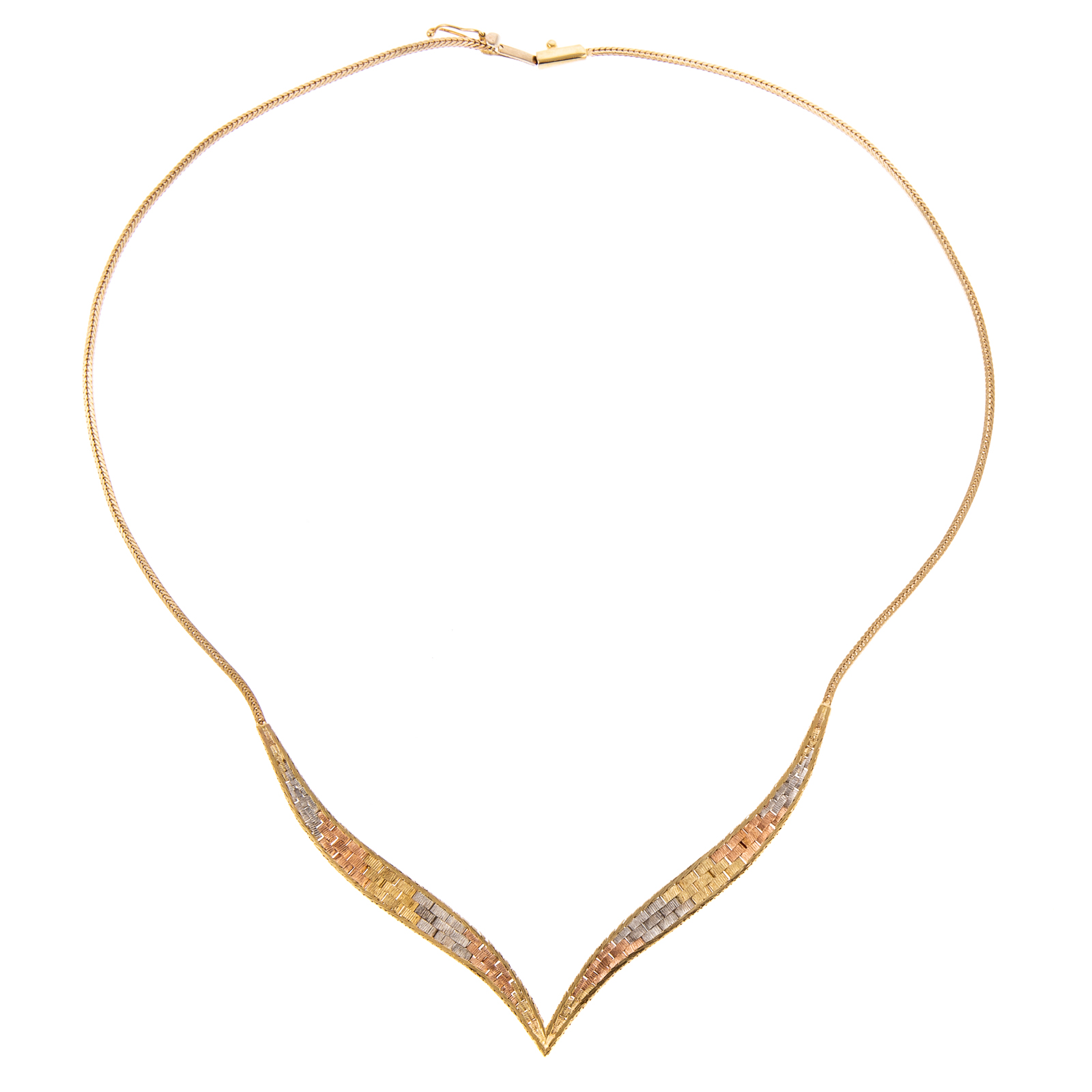 Appraisal: AN ITALIAN K TRI-COLOR GOLD V NECKLACE K yellow white