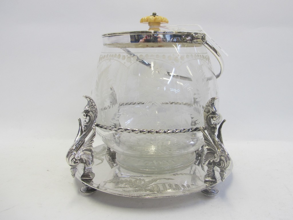 Appraisal: EPNS and fern etched glass biscuit barrel on stand