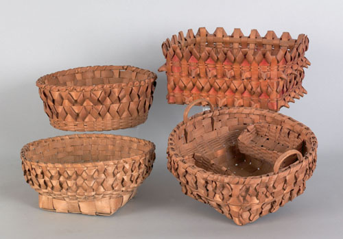 Appraisal: Four Eastern Woodlands porcupine twist baskets one with handles and