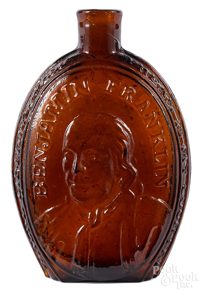 Appraisal: Philadelphia historical amber glass flask Philadelphia historical amber glass Benjamin