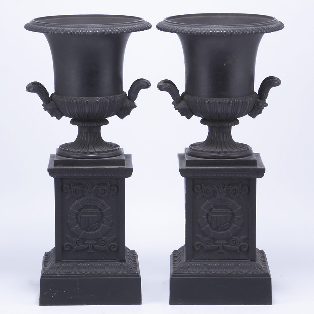 Appraisal: Pair of Empire Style Bronze Campaniform Urns Height inches C