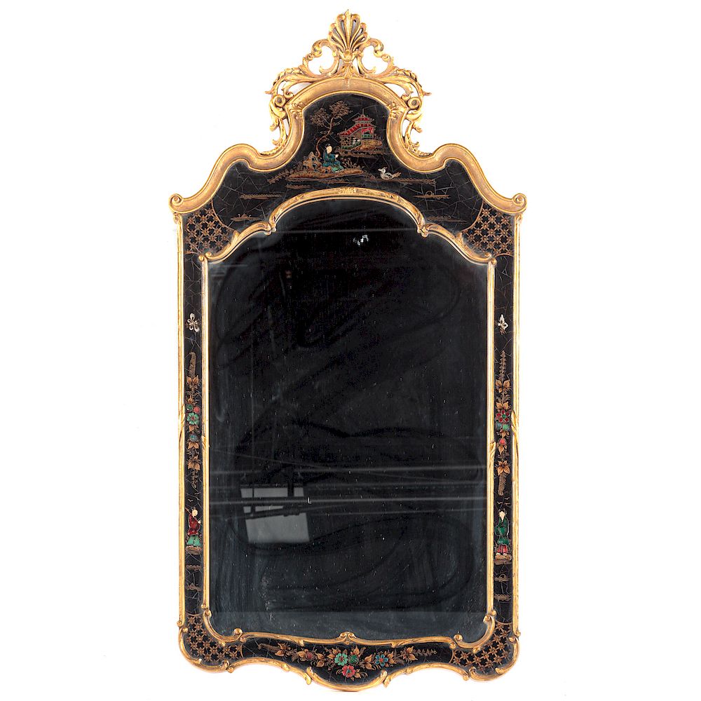 Appraisal: Queen Anne Style Japanned Parcel Gilt Mirror th century ebonized