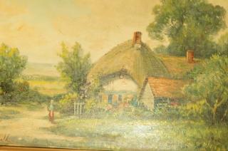 Appraisal: ARNOLD Thatched Cabin Landscape Oil Painting Fig ARNOLD Thatched Cabin