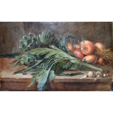 Appraisal: French School th th Century Still Life with Artichokes Mushrooms