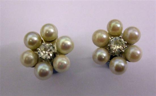 Appraisal: Pair of diamond and cultured pearl cluster earrings comprising two