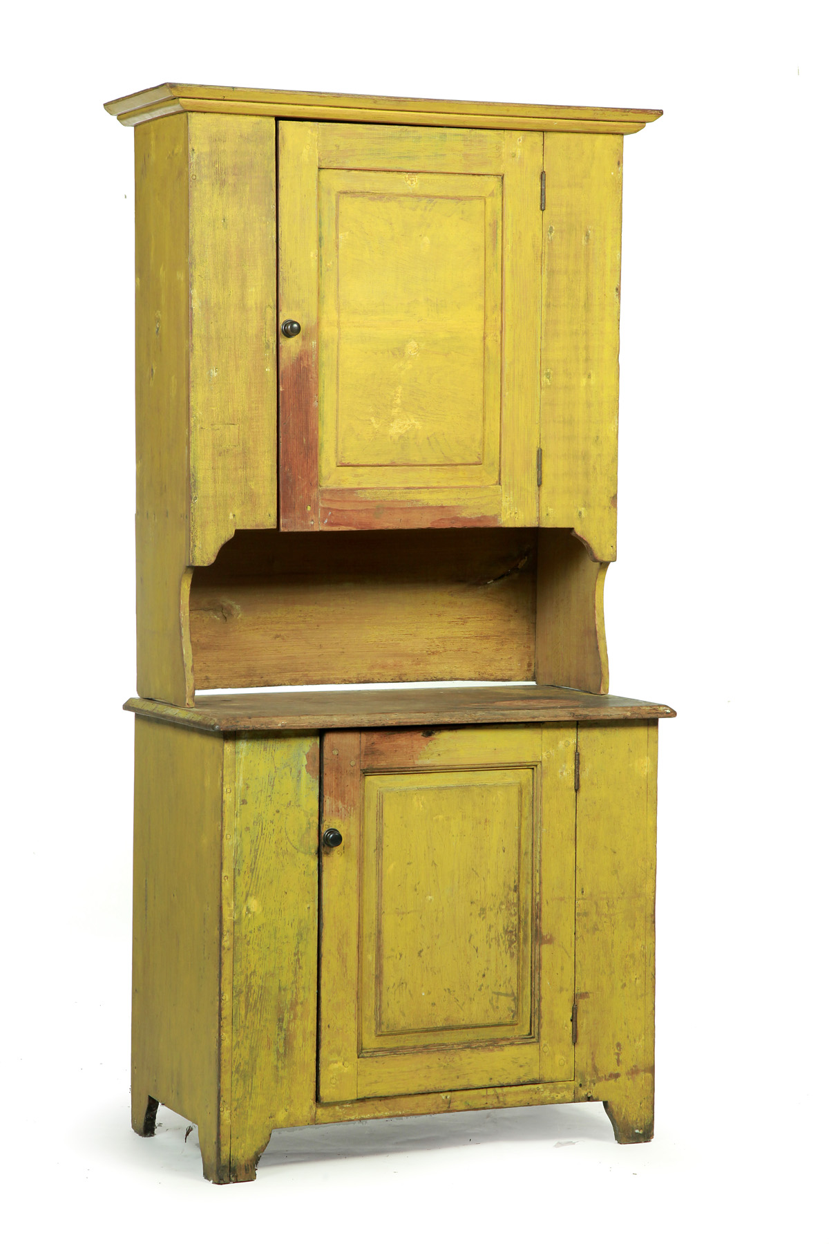 Appraisal: PAINTED TWO-PIECE SMALL STEPBACK CUPBOARD American mid th century Pine