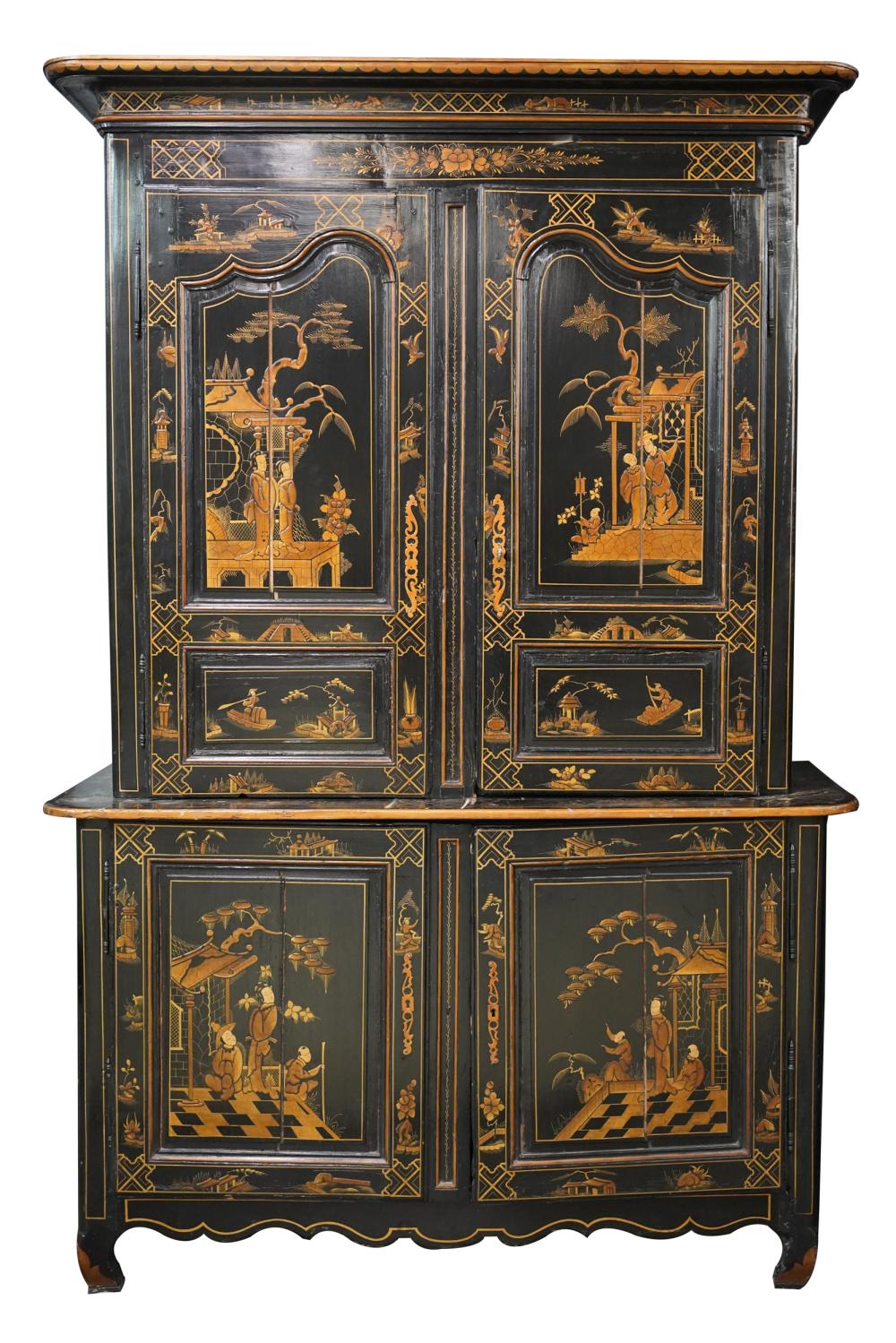 Appraisal: FRENCH PROVINCIAL BUFFET A DEUX CORPSwith Chinoiserie decoration of a