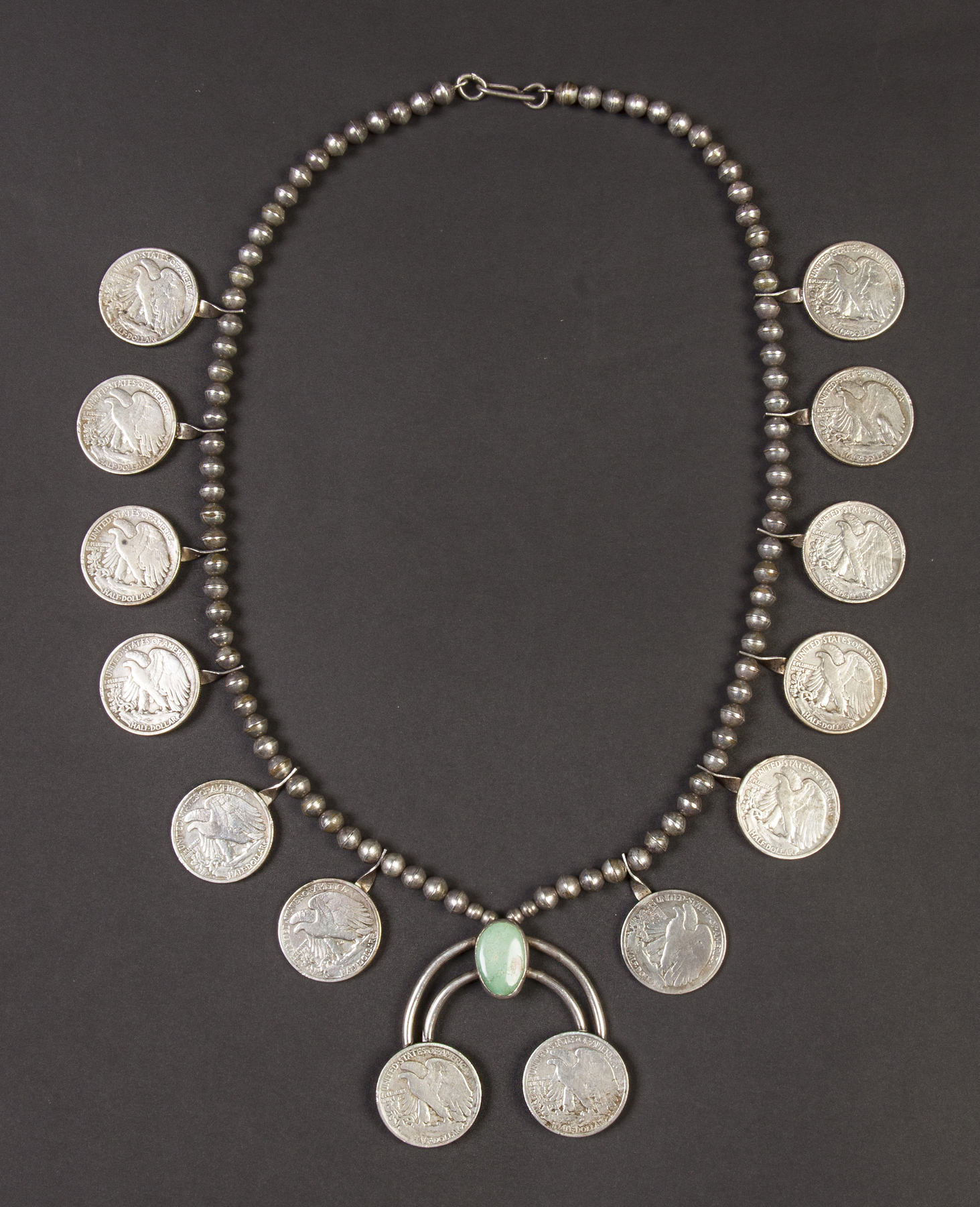 Appraisal: Navajo Silver Turquoise Necklace with Half Dollars Various dates incl