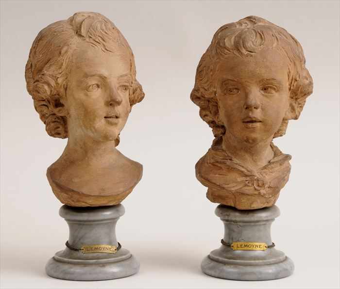 Appraisal: PAIR OF LOUIS XVI-STYLE TERRACOTTA BUSTS AFTER LEMOYNE Modeled as