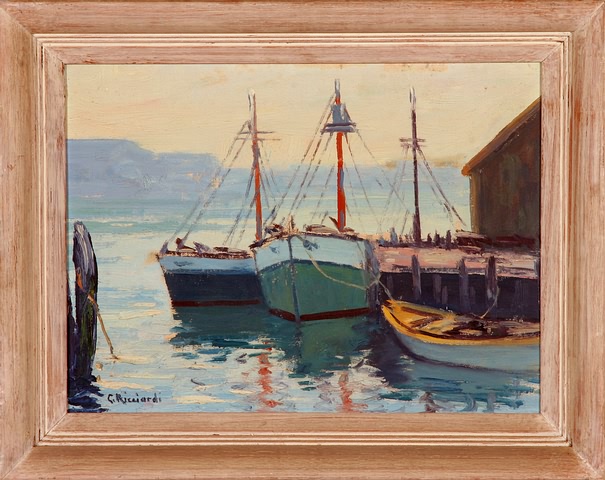 Appraisal: Boats at the dock seascape oil on canvas board x