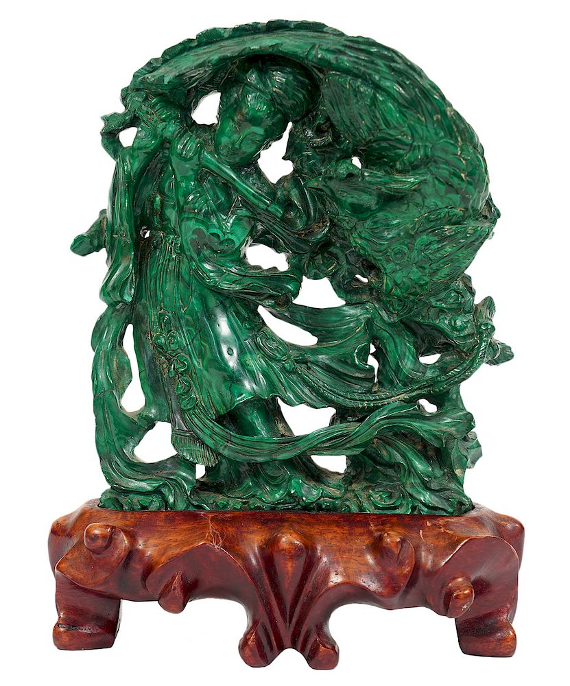 Appraisal: Chinese Carved Malachite Figure on Wood Plinth Chinese carved Malachite