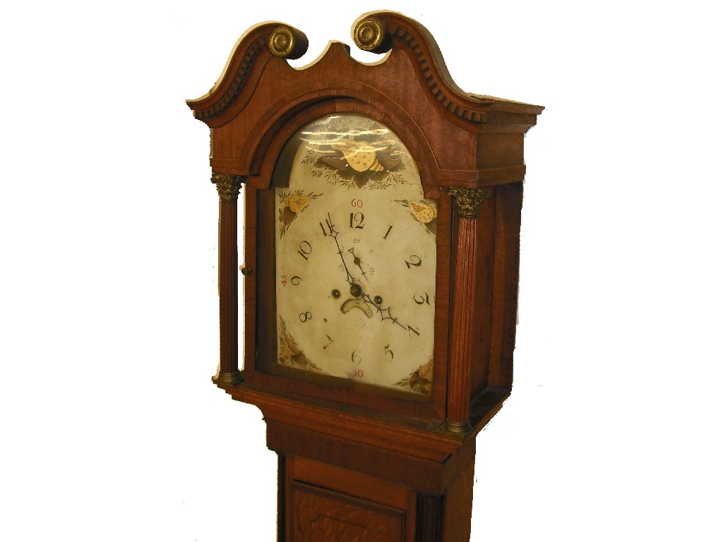 Appraisal: Oak and mahogany eight day longcase clock the painted arched