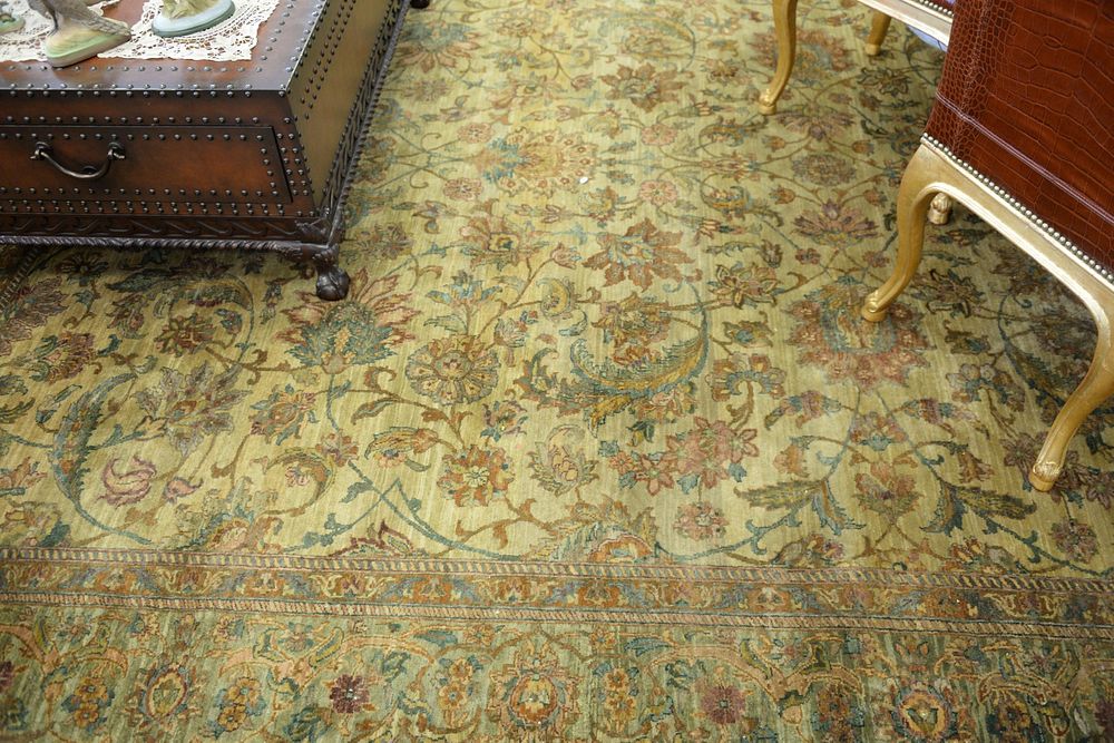 Appraisal: Room size Oriental carpet flower pattern in tans browns and