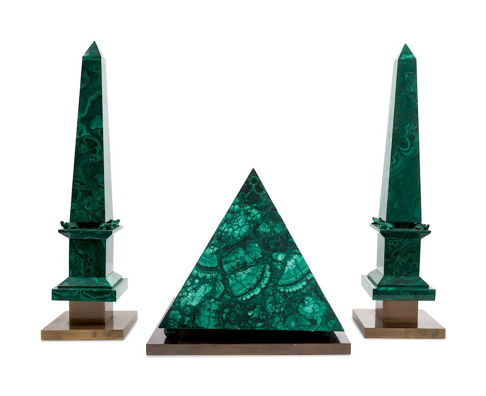 Appraisal: Two Malachite Veneered Obelisks and a Pyramid Height of tallest