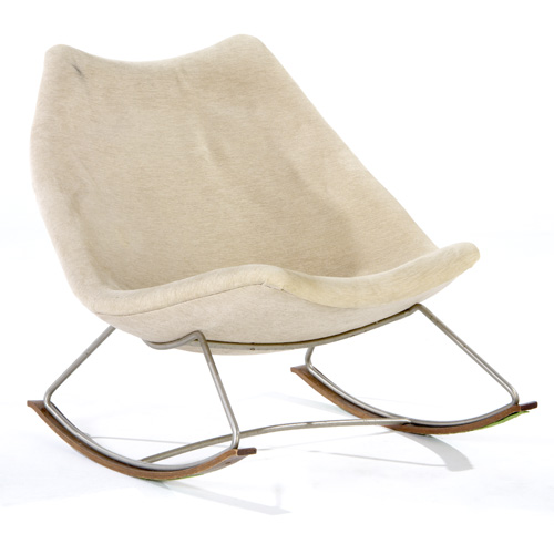 Appraisal: MID-CENTURY Rocking chair upholstered in ivory chenille on brushed metal