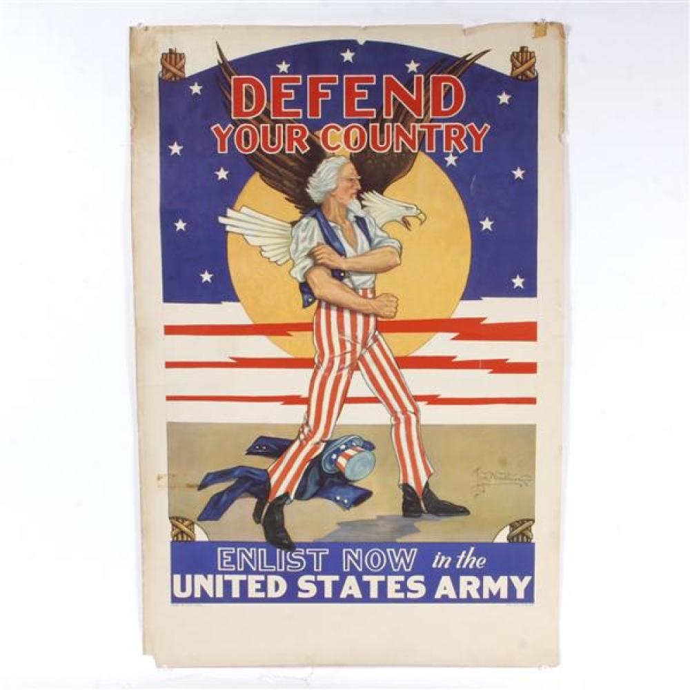 Appraisal: VINTAGE WWII U S ARMY PATRIOTIC LITHOGRAPH POSTER 'DEFEND YOUR