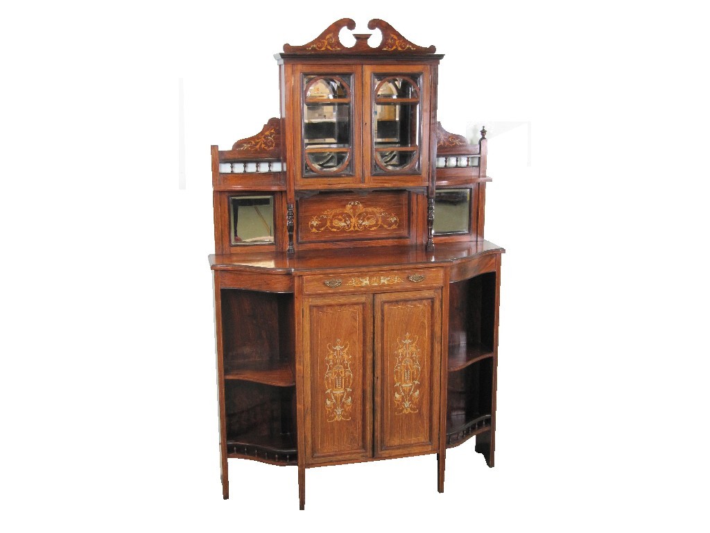 Appraisal: Victorian rosewood inlaid drawing room cabinet the swan pediment raised