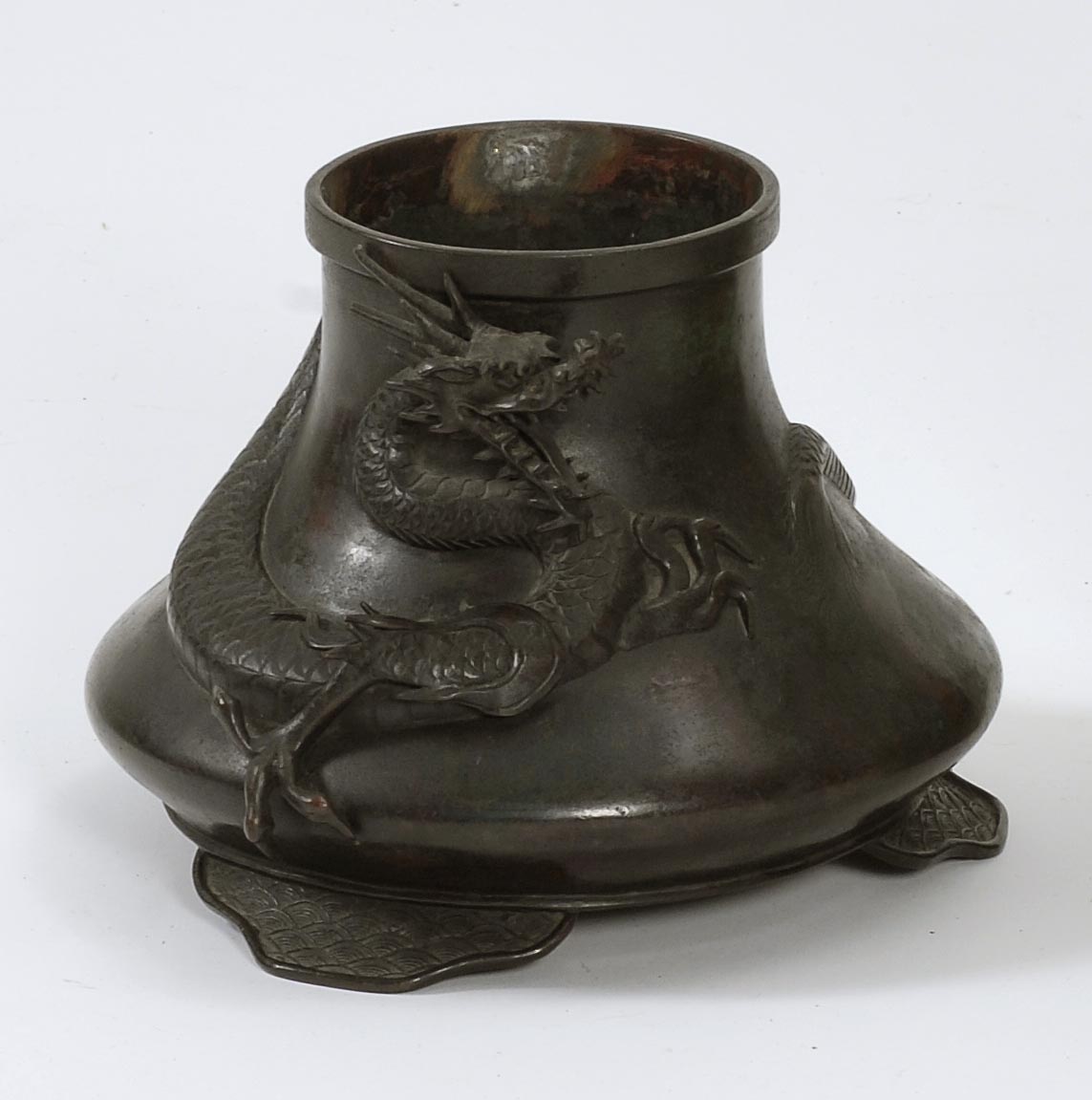 Appraisal: BRONZE VASE Meiji PeriodIn squat ovoid form with relief dragon