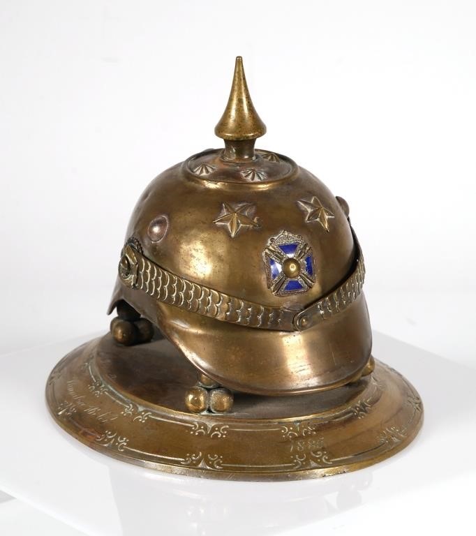 Appraisal: Antique brass pickelhaube helmet desk bell Serbo-Bulgarian War dates on