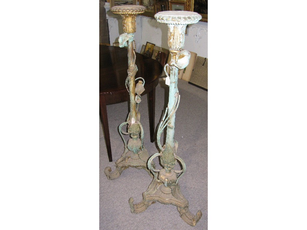 Appraisal: Pair of gilt gesso and painted torcheres