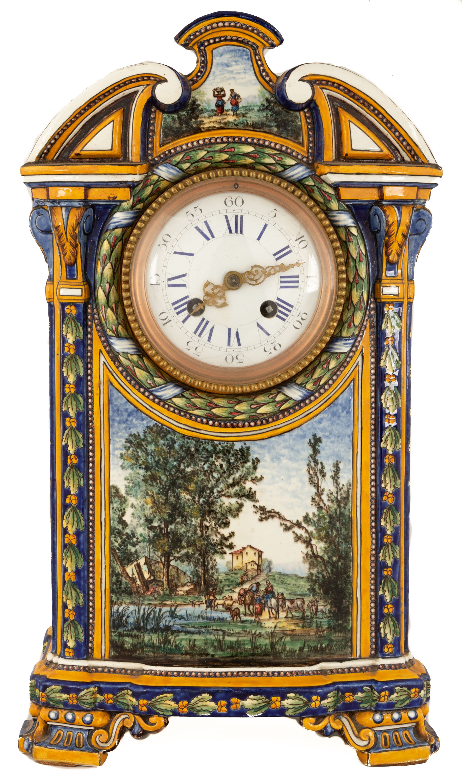 Appraisal: GIEN FRANCE MAJOLICA SHELF CLOCK th century with hand painted