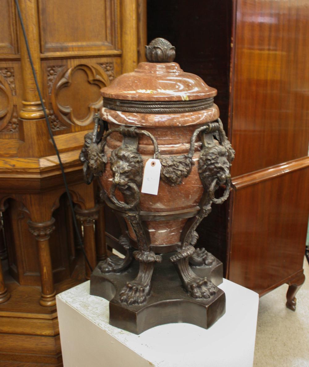 Appraisal: LARGE BRONZE AND ROUGE MARBLE URN a round marble vessel