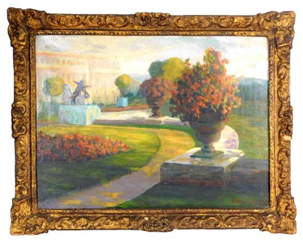 Appraisal: th C painting depicting pathway through formal gardens palace in