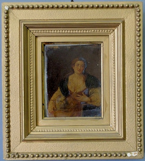 Appraisal: Oil on board miniature portrait of a woman holding a