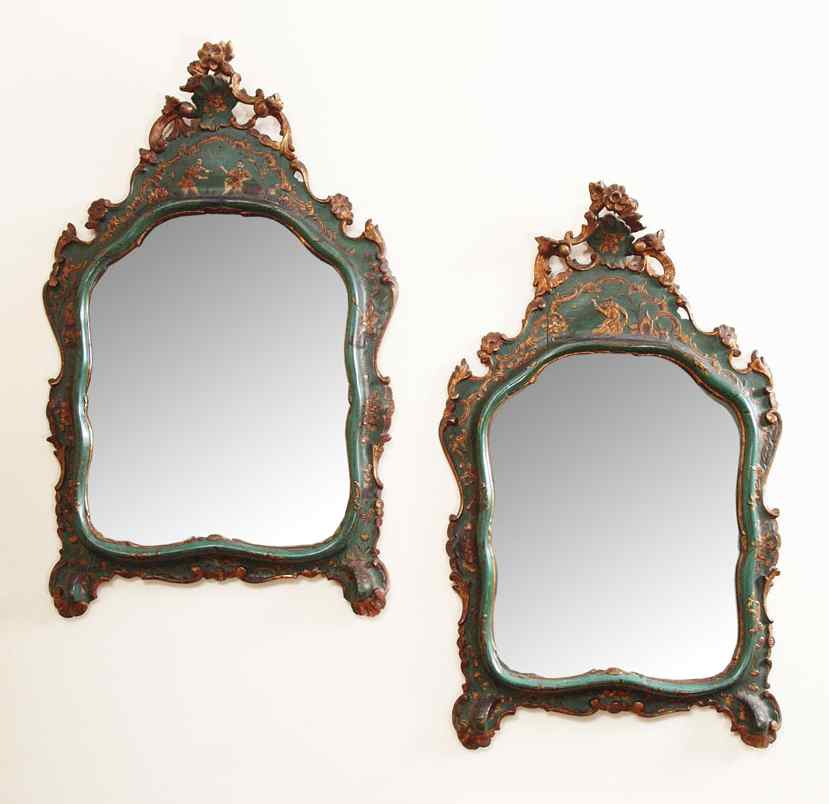 Appraisal: PAIR OF EARLY VENETIAN CHINOISERIE MIRRORS Green lacquer ground decorated