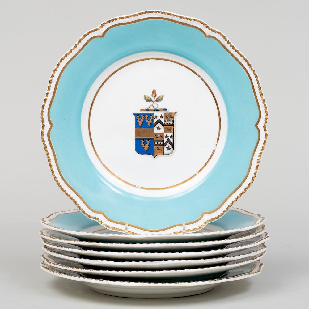 Appraisal: Set of Seven English Turquoise Ground Porcelain Armorial Plates in