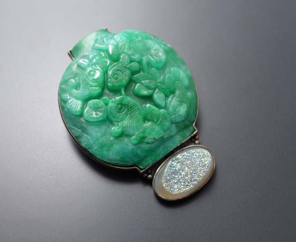 Appraisal: STERLING NEPHRITE GEODE BROOCH PENDANT Sterling silver brooch pendant frame