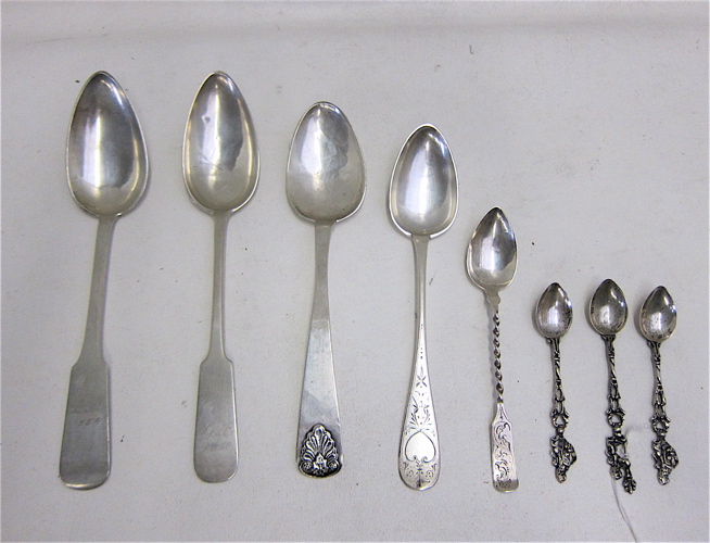 Appraisal: AMERICAN COIN SILVER SPOONS WITH DEMITASSE in various patterns and