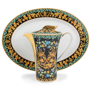 Appraisal: A Versace Gold Ivy Porcelain Coffee Pot and Oval Platter