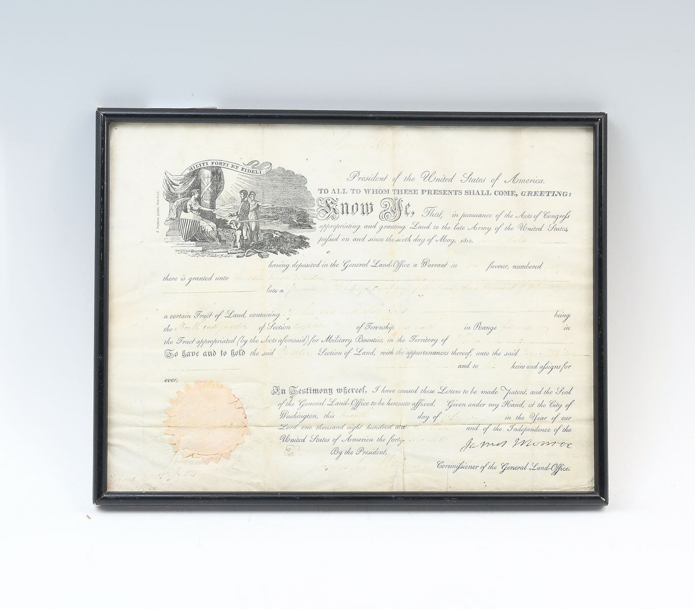 Appraisal: JAMES MONROE SIGNED LAND GRANT Framed land grant signed and