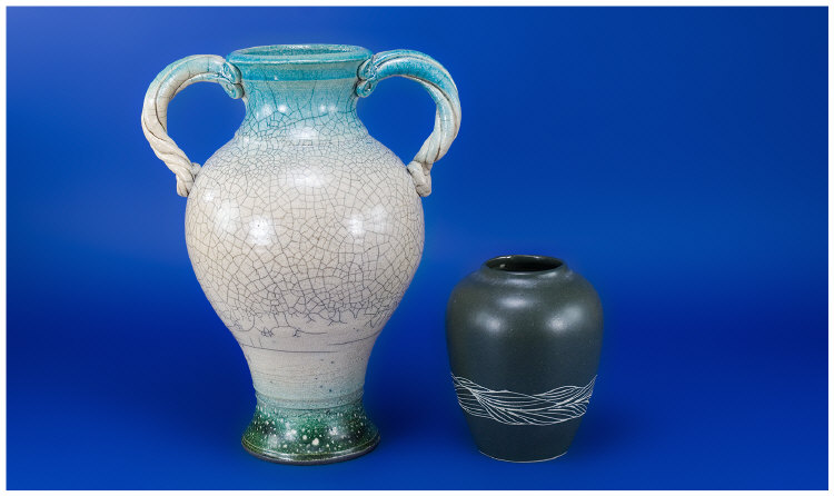 Appraisal: Two Studio Vases Larger with Cream Crackle Glaze Body and