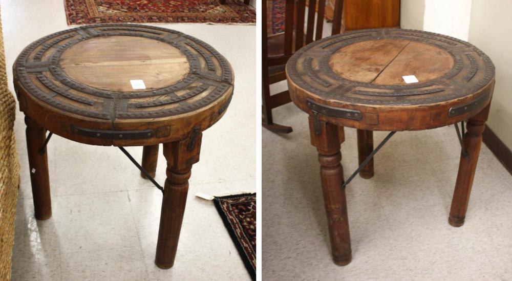 Appraisal: RUSTIC PAIR OF WOOD AND FORGED IRON LAMP TABLES the