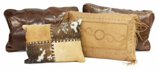 Appraisal: lot of Decorative cowhide and leather throw pillows comprising glossy