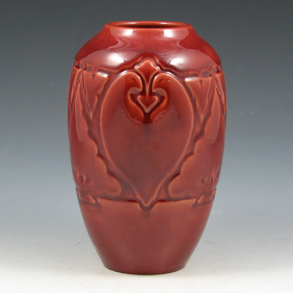 Appraisal: California Faience lovebirds vase in oxblood red glaze Signed California