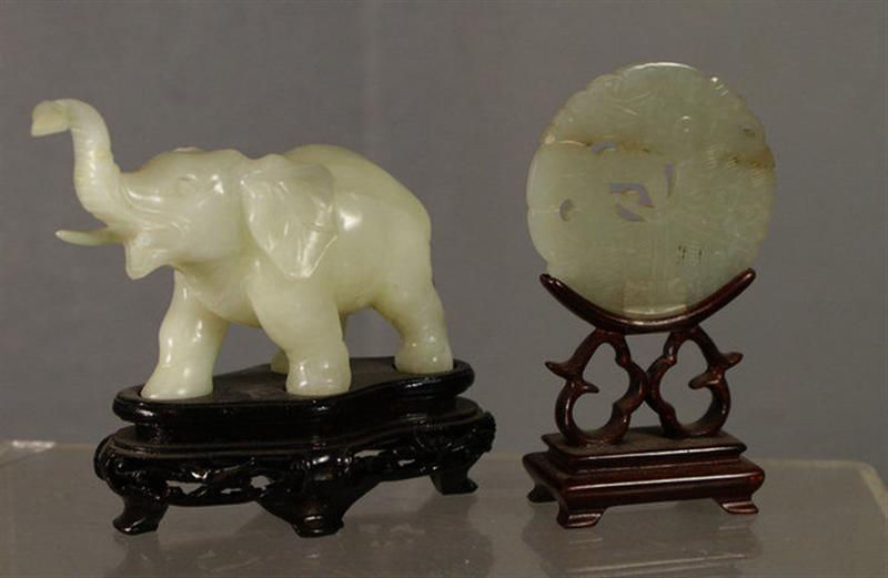 Appraisal: assorted light green carved items elephants fish rooster disc seal