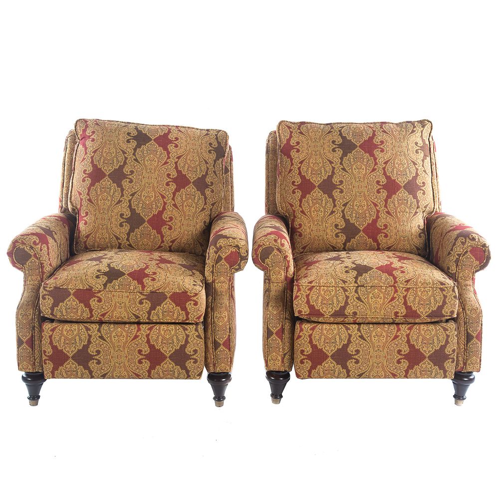 Appraisal: Pair of Bassett Upholstered Floral Recliners Recliners measure in H