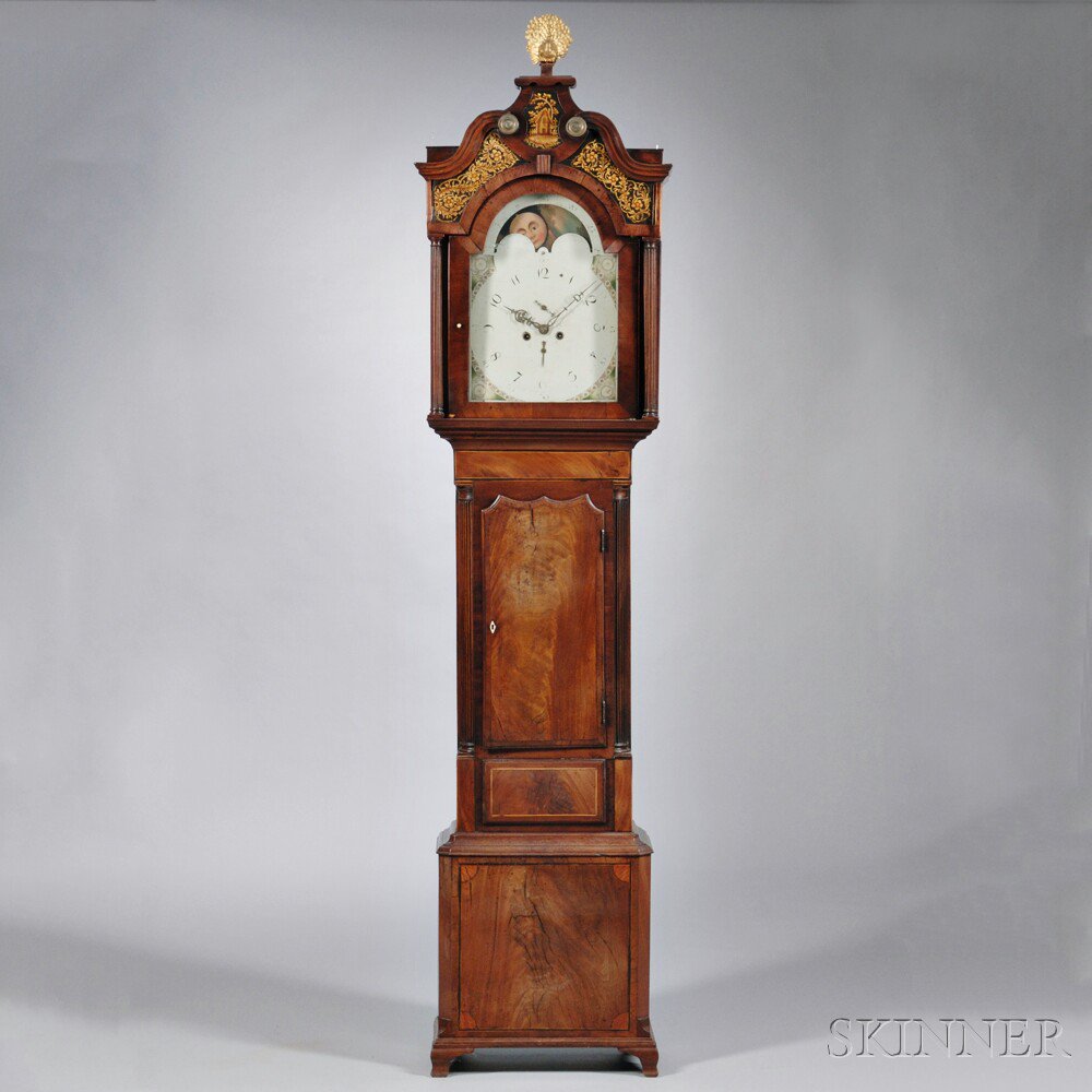 Appraisal: Inlaid Mahogany English Longcase Clock c gilt-metal peacock finial above